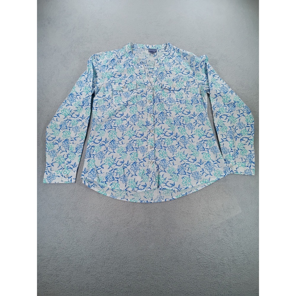 Laura Scott Womens Floral Button Down Shirt Blue Teal Small Cotton Blouse
